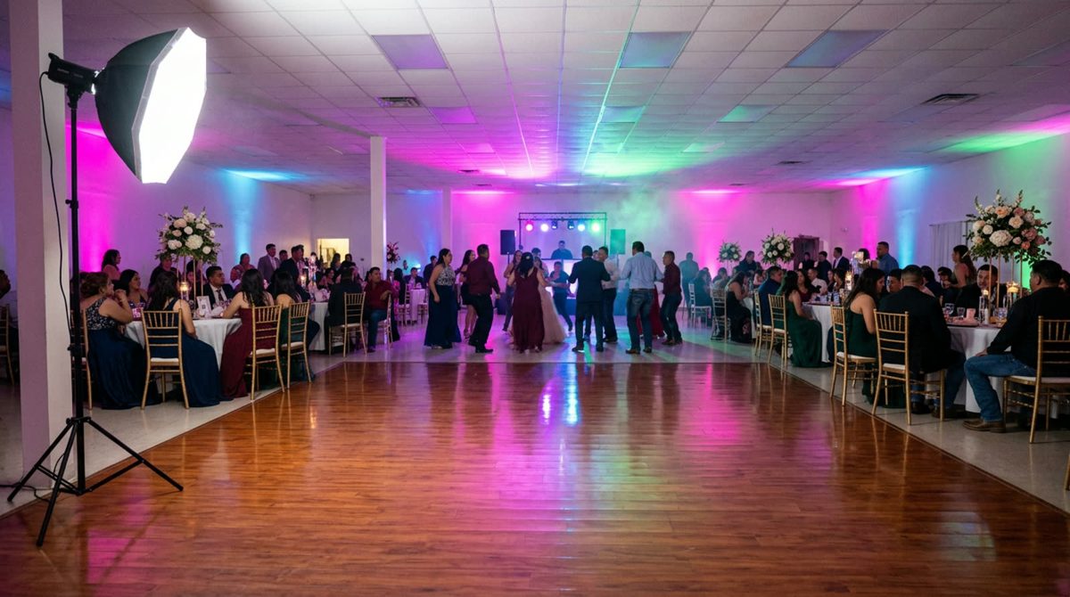 Un salón de fiestas de XV años vacío, con luces magenta, moradas y verdes sobre paredes blancas